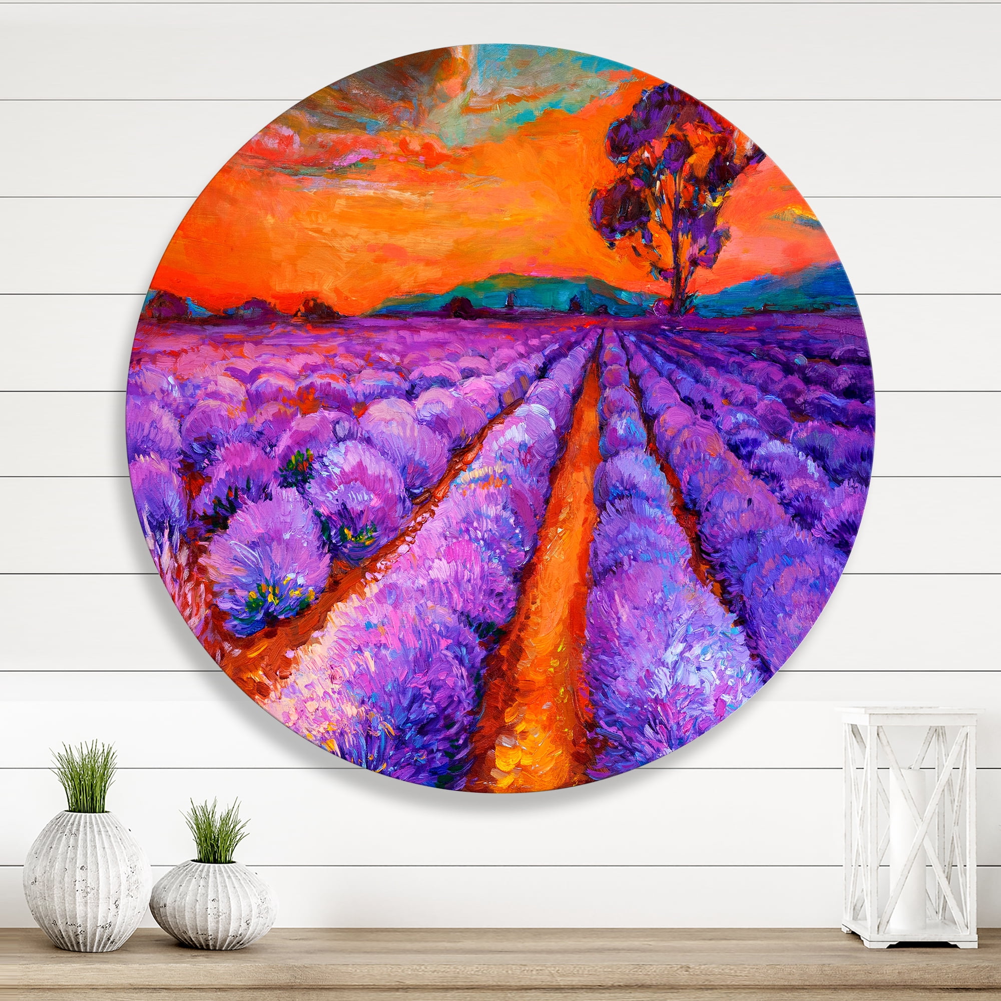 Designart 'An Orange Sunset Over Purple Lavender Fields I' Farmhouse Circle Metal Wall Art 23x23 - Disc of 23