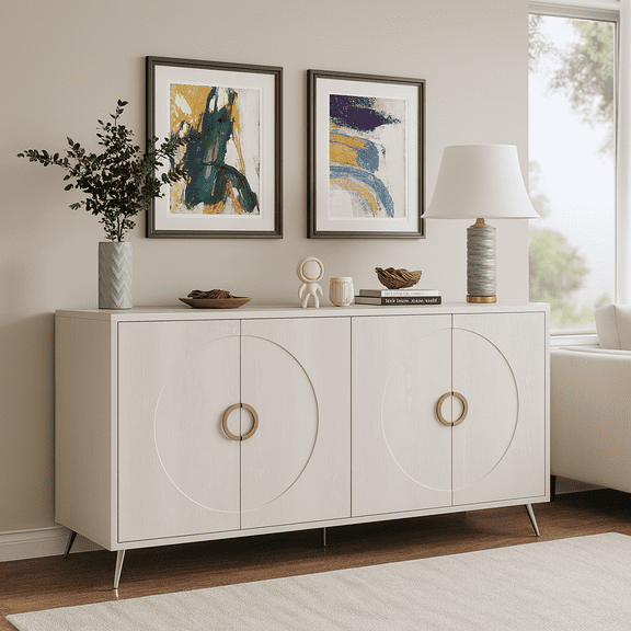 Modern Lacquered 4 Door Wooden Cabinet Sideboard Buffet Server Cabinet Storage Cabinet, for Living Room, Entryway, Hallway, Office, Kitchen and Dining Room, Champagne Silver