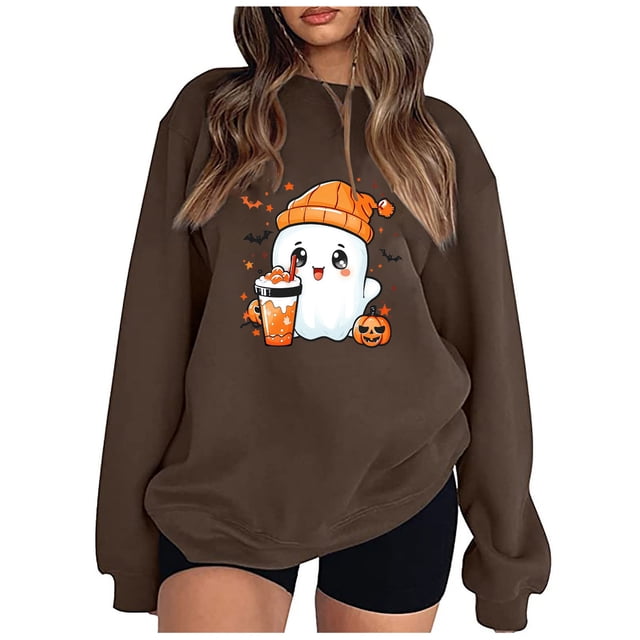 Pisexur Chandail d'Halloween pour Femmes en Molleton Orange Chandail à Manches Longues Col Rond Chandails de Mode avec Motif Citrouille Chandails à Capuche d'Halloween Hauts à Enfiler