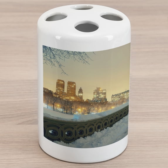 Winter Ceramic Toothbrush Holder, Central Park Winter Skyscrapers and Snow Bow Bridge Manhattan New York, Decorative Versatile Countertop for Bathroom, 4.5" X 2.7", Orange White Olive Green