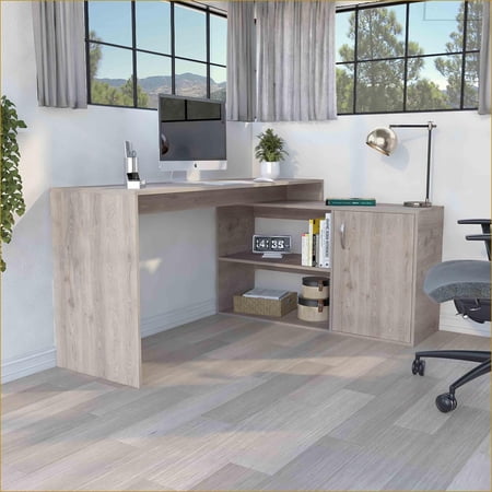 Desks | Modern L-Shaped Computer Desk with Open & Closed Storage - 59” Work Surface Light Gray | Particle Board | Right Return