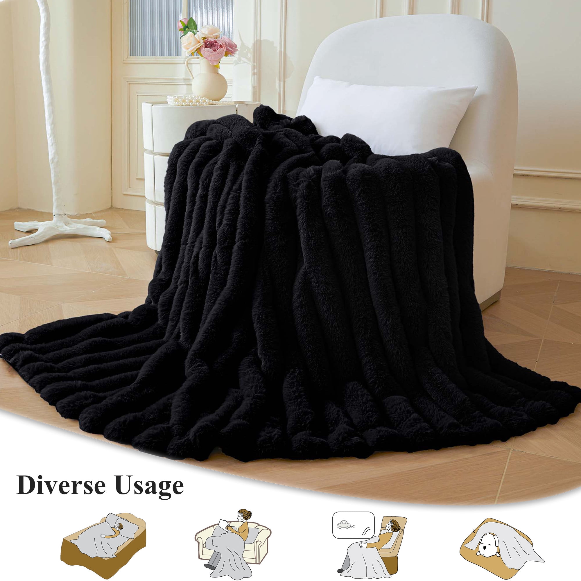 XeGe Fluffy Faux Rabbit Fur Throw, Luxury Ribbed Stripe Plush Fuzzy Blanket for Bed Couch Sofa Chair, Decorative Shaggy Throw Bedroom Living Room, Furry Blanket for Kids Teens Adults, 50x60, Black