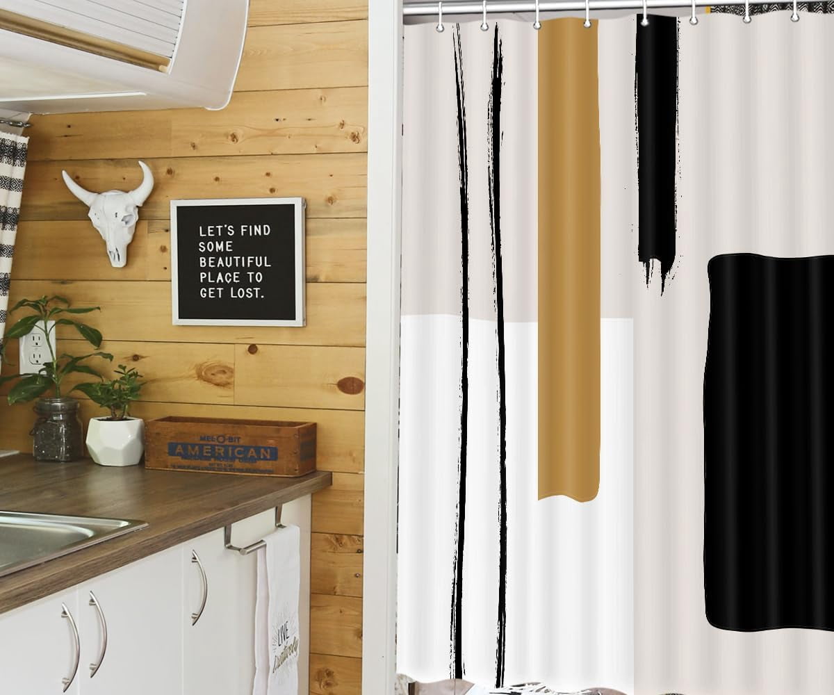 Abstract Modern Camper RV Shower Curtain for Travel Trailer Bathroom, Beige Camping Small Narrow Shorter Fabric Shower Curtains Set, Happy Camp Outdoor Decor Accessories with Hooks 47X 64 Inch