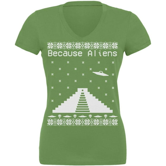 Because Aliens Pyramid Christmas Sweater Leaf Juniors V-Neck T-Shirt - Medium