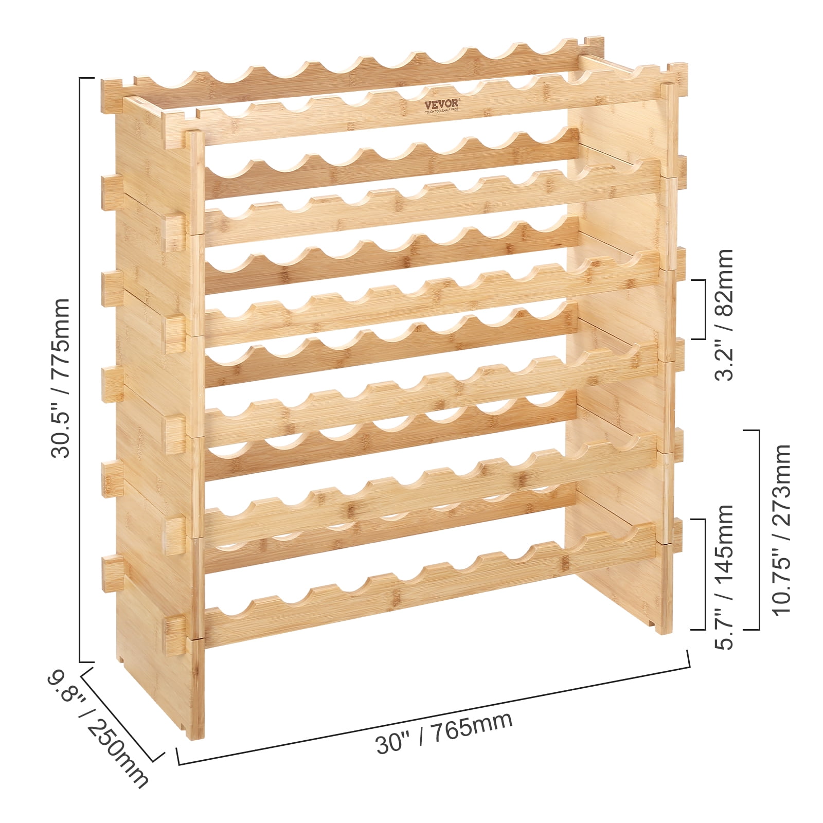 VEVOR 48 Bottle Stackable Modular Wine Rack, 6-Tier Solid Bamboo Wood Storage Racks, Floor Freestanding Wines Holder Display Shelf, Wobble-Free Shelves for Kitchen, Bar, and Cellar (Natural Color)