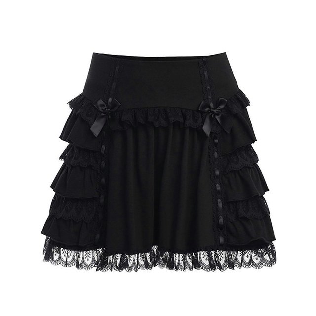 Women Dark Gothic High Waist Mini Pleated Skirt Harajuku Lolita Sweet Bowknot Lace Trim Splicing Tiered Ruffle Hem A-Line Party Streetwear