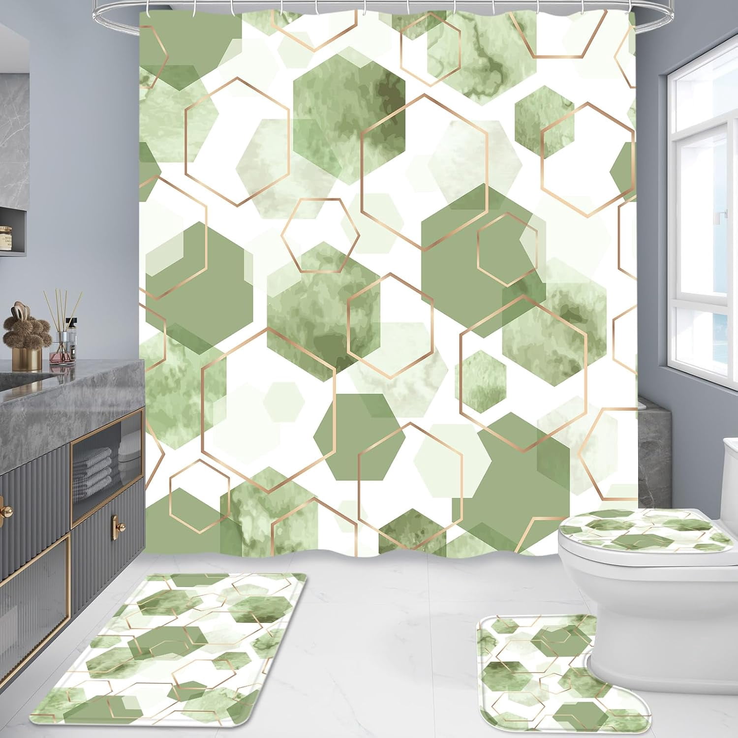 4Pcs Green Geometric Shower Curtain Set with Rug, 12 Hooks, Bath Mat and Rugs