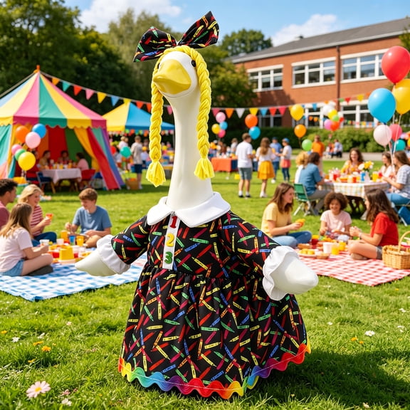 MARCHROSE Back To School Crayon Print Porch Goose Outfit with Blonde Braided Wig, 23 Inch Lawn Goose Statue Teacher Costume