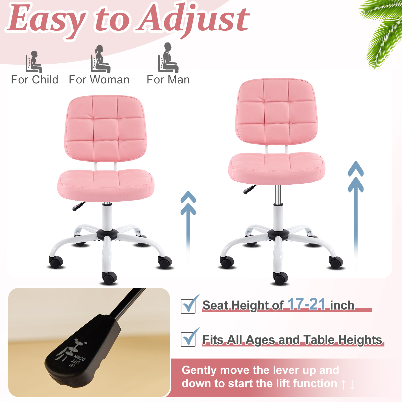 Ktaxon Armless Office Chair with Star Base PU Swivel Task Chair with 9-Grid Design for Study Room or Dressing Area Pink