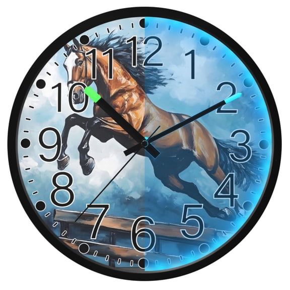 Ryvnso Watercolor Horse Jumping 12 Inch Night Light Wall Clock Silent Battery Operated Luminous Clocks
