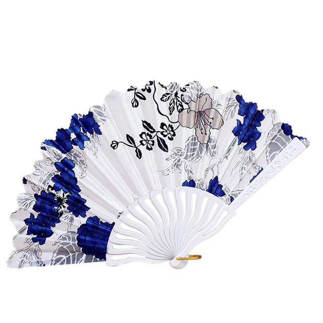 Abanico plegable de plástico, estilo chino, flor Retro, pintura lisa, seda sintética suave, decorativo, de mano, azul