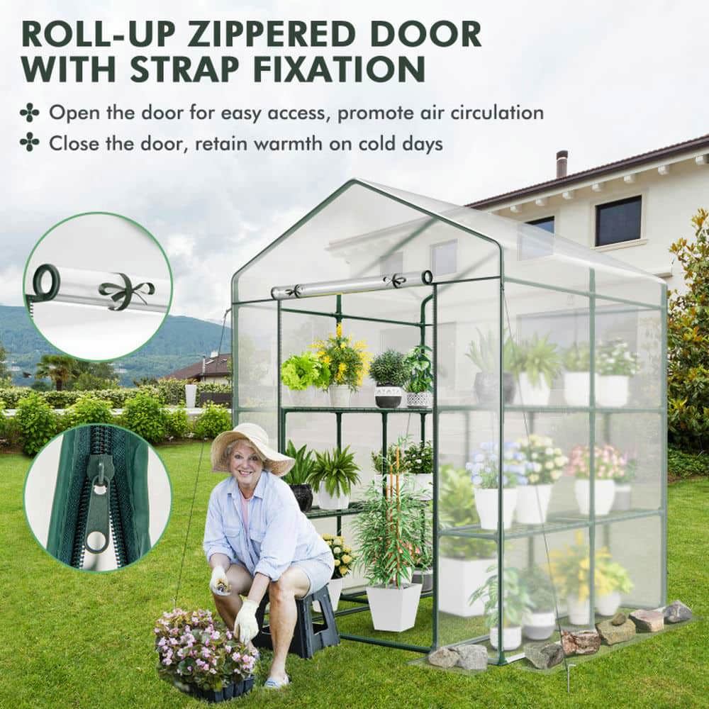 Spaco Walk-in Greenhouse with 3 Tiers 8 Shelves PVC Cover Roll-up Zippered Door, Walk-in Greenhouse for Outdoor, Transparent