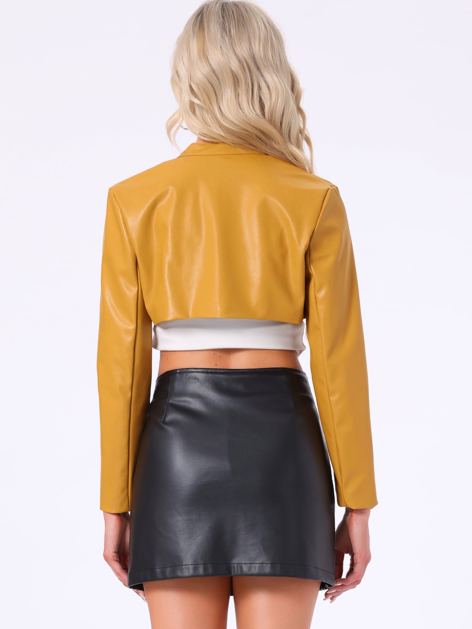 DARING DIVA Women's Faux Leather Cropped Stand Collar Zipper Front Moto Jacket S Yellow