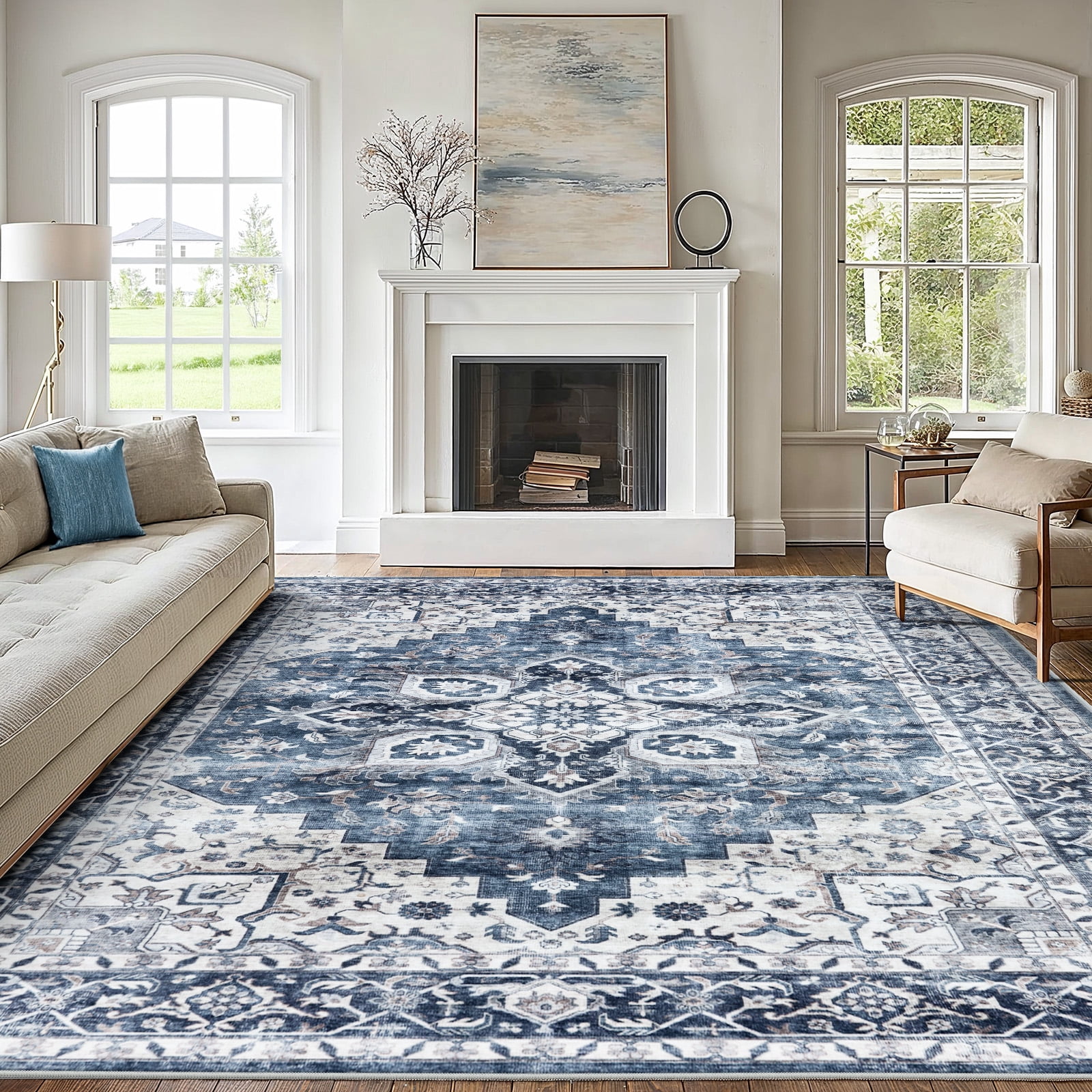 CHITOOMA 9'x12' Area Rugs for Living Room, Machine Washable Rugs Vintage Area Rug for Bedroom Dining Room Dorm Office with Non-Slip Backing, Stain Resistant Non-Shed Carpet