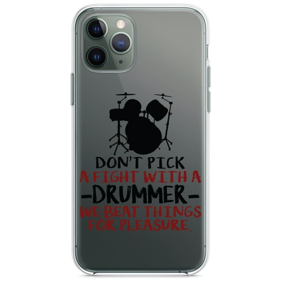 DistinctInk Clear Shockproof Hybrid Case for iPhone 11 Pro (5.8" Screen) - TPU Bumper Acrylic Back Tempered Glass Screen Protector - Don't Pick Fight with Drummer