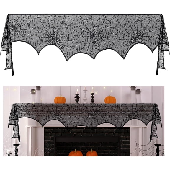 Vorkoi Halloween Fireplace Decorations, Halloween Black Lace Spiderweb, Fireplace Mantle Scarf Cover for Home Door Window Tablecloth Kitchen Bathroom Halloween Party Decorations 17.7in x 96in