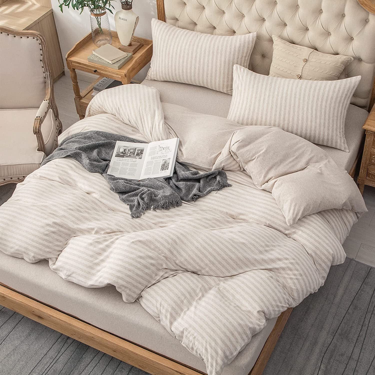 PURE ERA 100% Ultra Soft Jersey Knit Duvet Cover 3Piece Set BreathableT-Shirt Cotton Beige Stripe Full Size