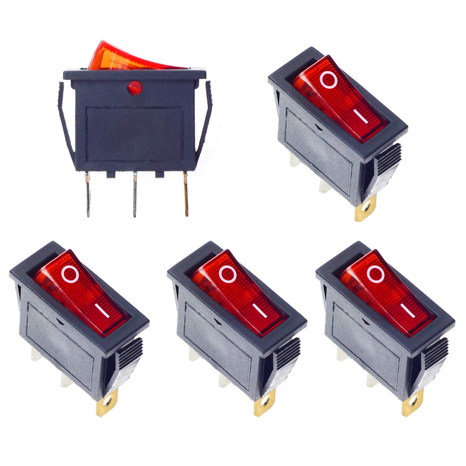 5Pcs Two Red Light Lamp 6Pins SPST ON/OFF Boat Rocker Switch W/ Waterproof cover