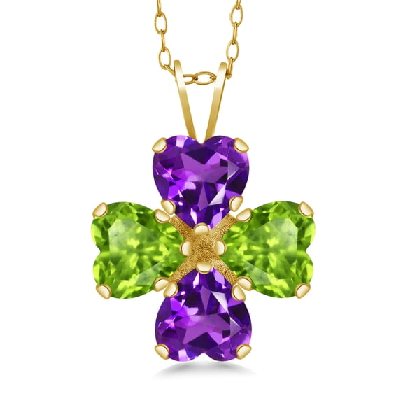 Gem Stone King 18K Yellow Gold Plated Silver Purple Amethyst and Green Peridot 4 Heart Shape Gemstone February Birthstone Pendant Necklace for Women (2.96 Cttw, 6MM Heart, with 18 inch Silver Chain)