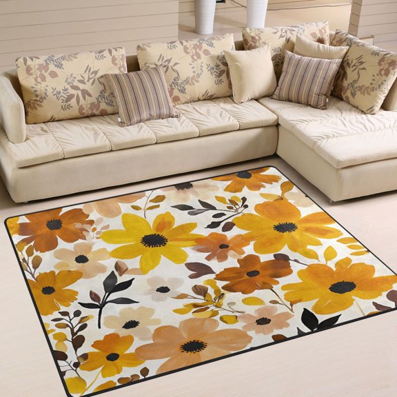 Yayeee Area Rugs for Living Room 5.2'x4' Non Slip Washable Bedroom Floor Carpet, Yellow Flowers