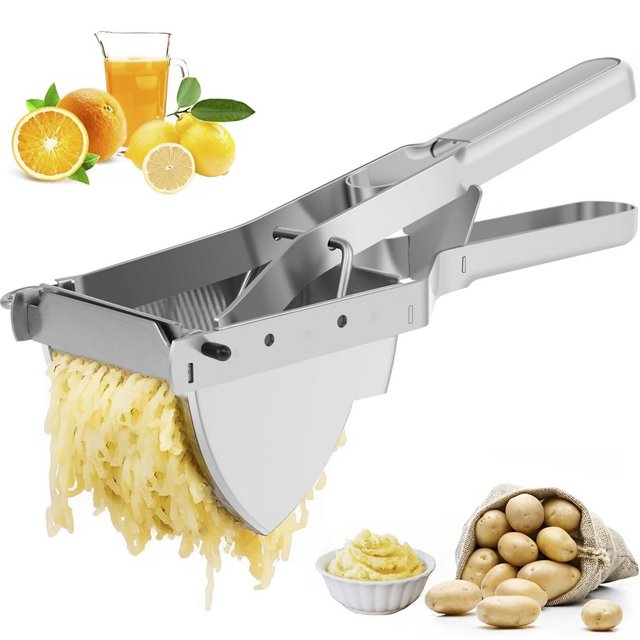 KEINXS Potato Ricer Stainless Steel Potato Masher, a handheld kitchen tool with a large detachable design for smooth and fluffy mashed potatoes. Made of food-grade stainless steel, it features a sturdy, rust-proof build with an upgraded gap-filling handle for energy-efficient use. The large capacity funnel measures approximately 9.5x8x9.5cm, suitable for mashing potatoes, pumpkins, radishes, and more. The detachable design allows for easy cleaning and storage. The image shows the ricer pressing potatoes, with mashed potatoes, whole potatoes, and citrus fruits in the background.