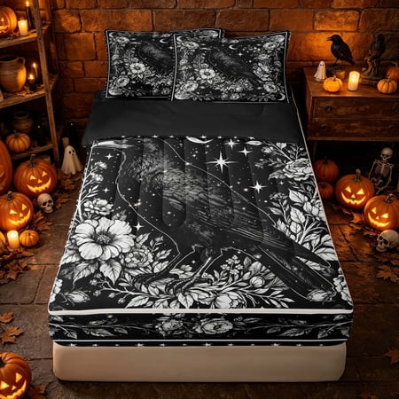 Erosebridal Spooky Gothic Crow Zipper Queen Comforter Set with Fitted Sheet and 2 Pillowcases Boho Star Moon Floral Zipper Bedding Set for Boys Girls Black White Black Reversible