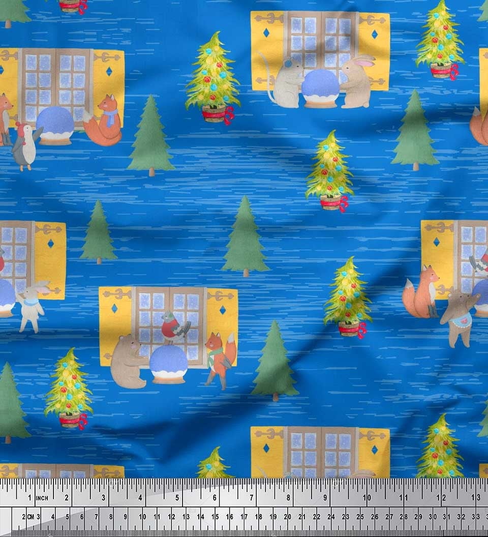 Soimoi Blue polyester Crepe Fabric House,Animals & Tree Christmas Print Fabric by the Yard 42 Inch Wide