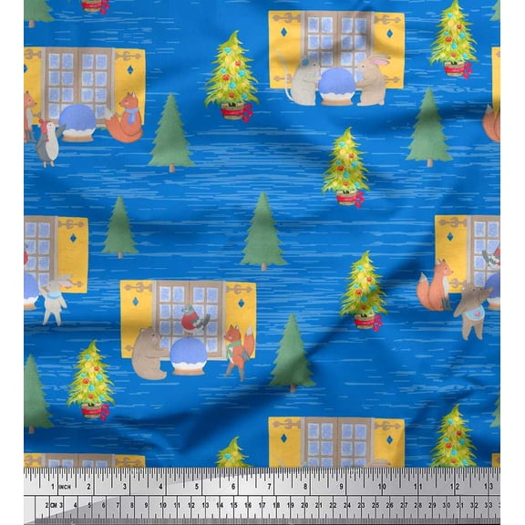 Soimoi Blue Rayon Fabric House,Animals & Tree Christmas Decor Fabric Printed Yard 56 Inch Wide