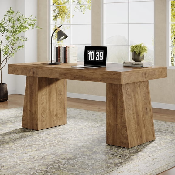 Light Brown Tribesigns 55 Executive Desk, Wooden Office Desk with Double
