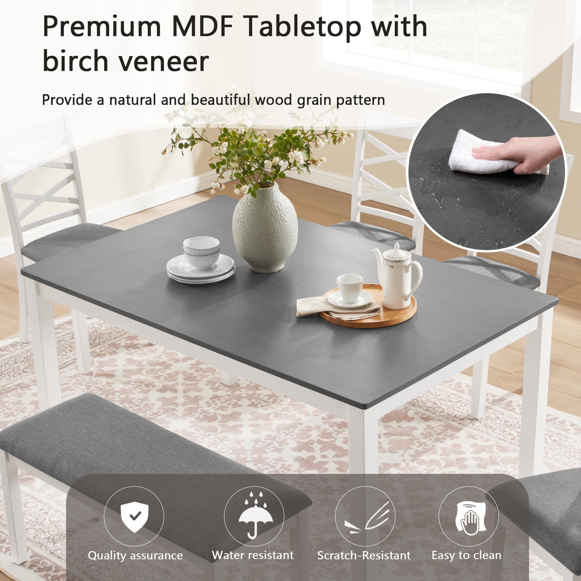 6-Piece Dining Table Set for 6, 58.5" Rectangular Dining Table with 4 Upholstered Chairs and Bench