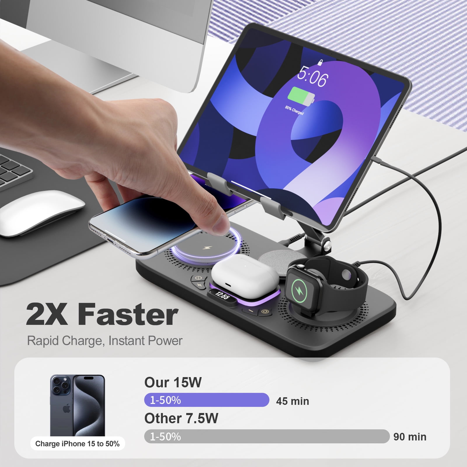 6 in 1 Wireless Charger for iPhone Airpods iWatch, Foldable Magnetic Charging Station for Apple Multiple Devices,Travel Charging Pad Dock Compatible with Apple 12 and above series