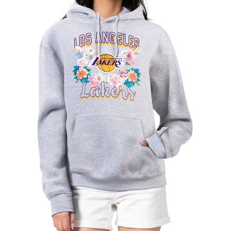 Women s G-III 4Her by Carl Banks Heather Gray Los Angeles Lakers Flowers Team Logo Graphic Fleece Pullover Hoodie