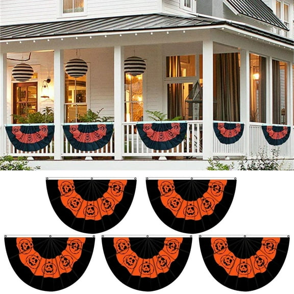 MOQIN Halloween Pleated Fan Flag Bunting Outdoor Flag for Outside Halloween Yard Hanging Banner Flag for Holiday Half Fan Banner Hanging Outdoor Garden Party Decoration