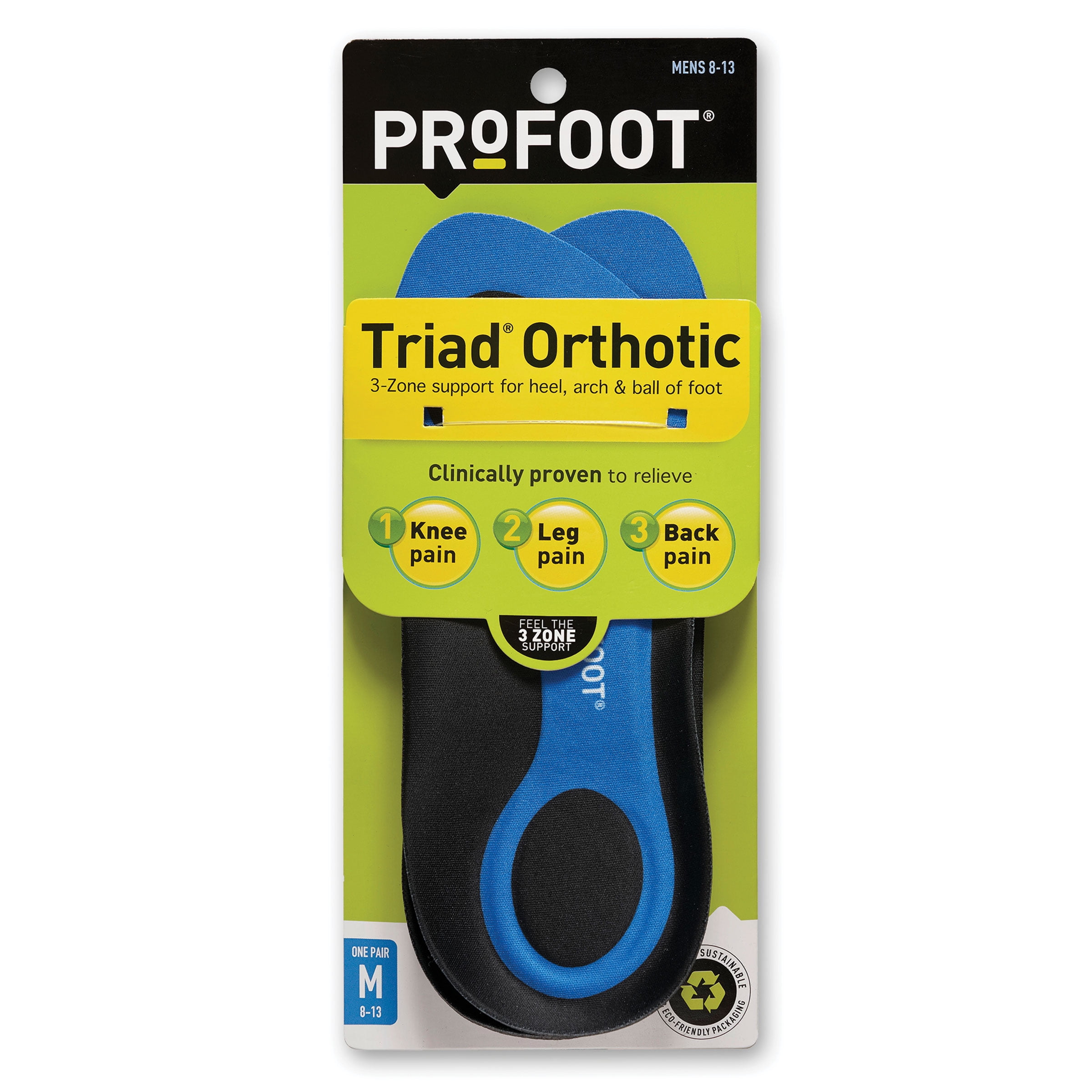 PROFOOT Triad Orthotic Insoles  for Knee, Leg & Back Pain, Men's 8-13, 1 Pair