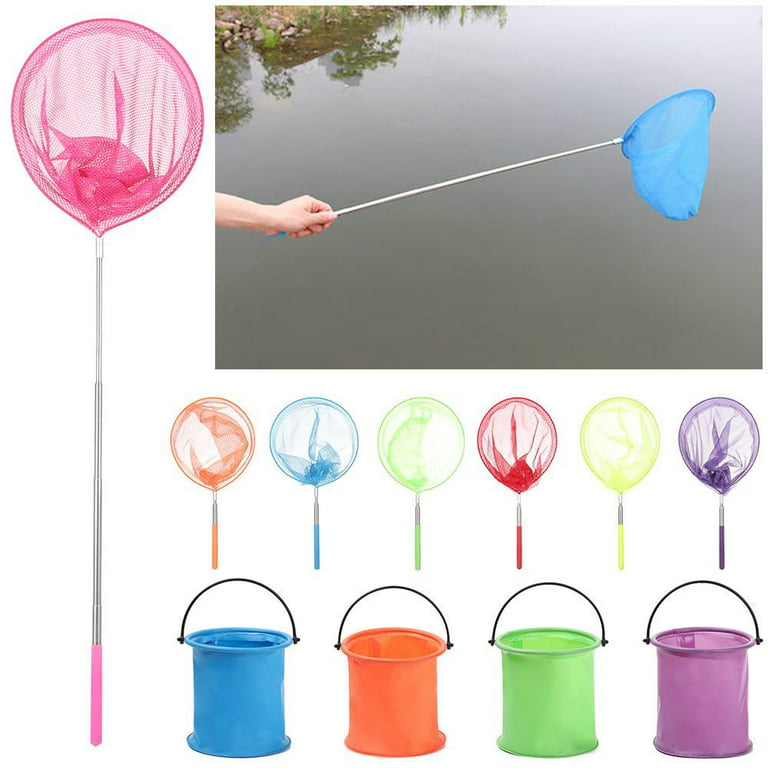 Kids Stainless Steel Rod Telescopic Round Butterfly Dragonfly Net Bug  Catching Net Catch Tadpole Fish Bucket Insect Cage PURPLE BUCKET 