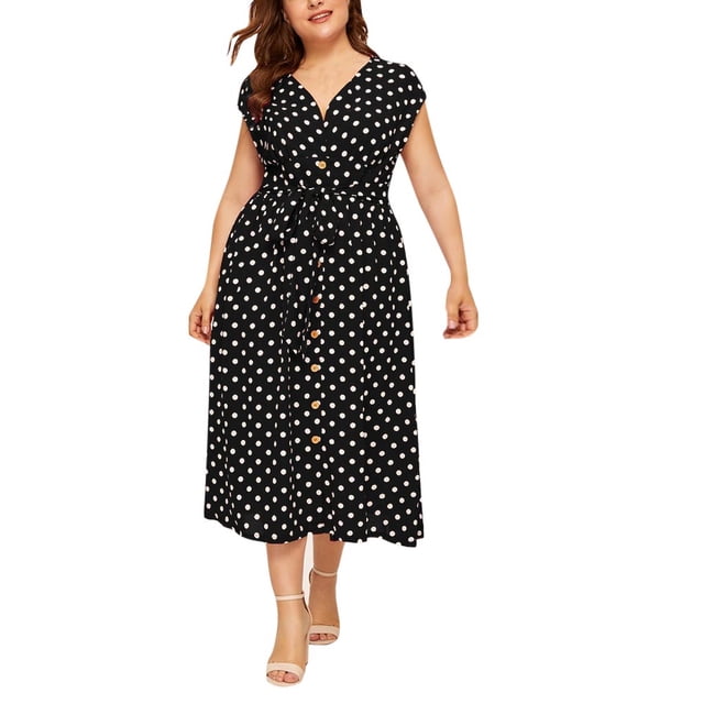 Babysbule Robe pour Femmes Liquidation Robe Décontractée pour Femmes Grande Taille Col en V Sans Manches à Pois Imprimée à Boutons avec Ceinture