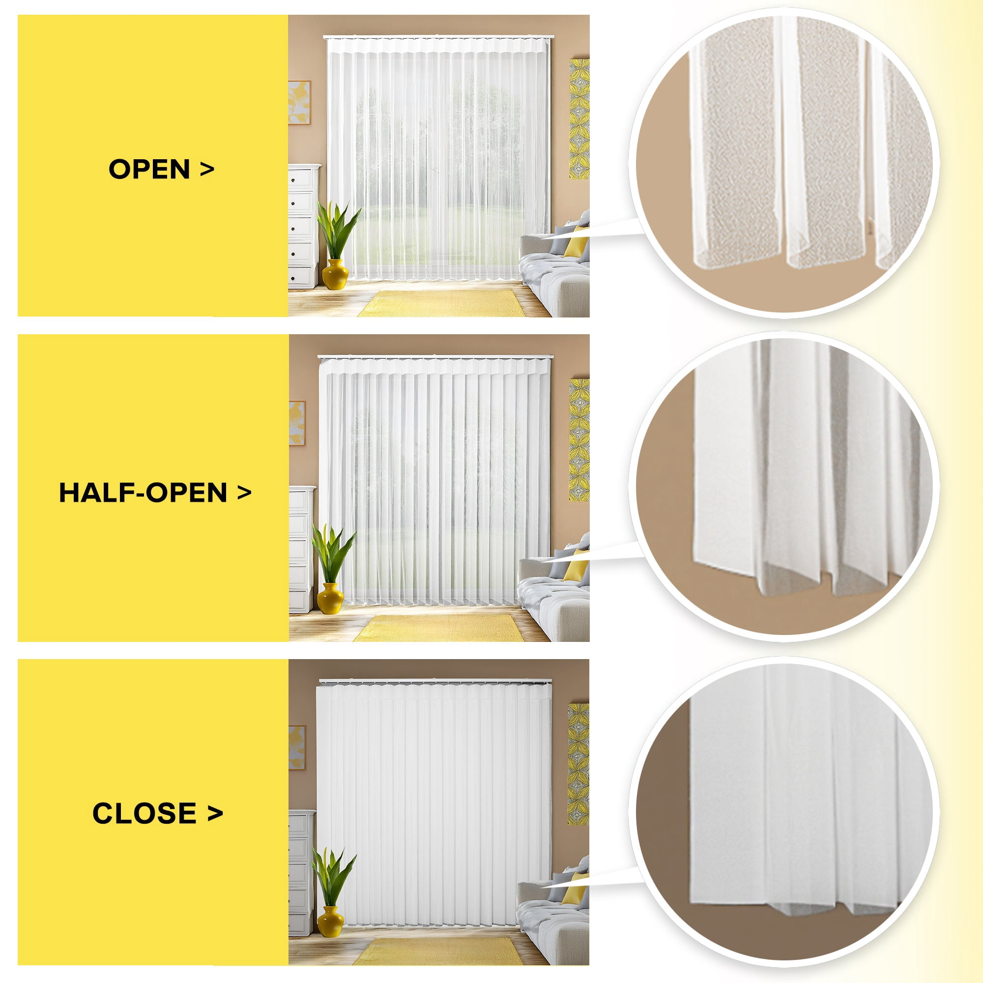 YELLOW BLINDS Light Filtering Sheer Vertical Blinds, Mist White, 78"W x 84"H