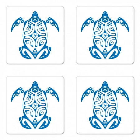 

Turtle Coaster Set of 4 Hawaiian Underwater Creatures Endangered Maui Animals Simplistic Design Square Hardboard Gloss Coasters Standard Size Cobalt Blue and White by Ambesonne