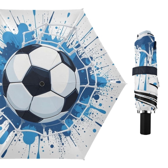 Football Into Net All Weather Umbrella Triple Folding Parasol 6 Ribs UV Protection Portable
