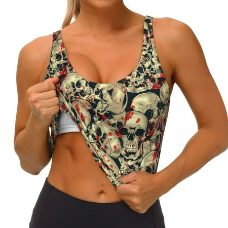 Qokaie Skulls1 Pattern Womens Scoop Neck Sports Bra Breathable Workout Vest Padded U Back Medium Impact Fitness Gym Yoga Bra Workout Crop Top