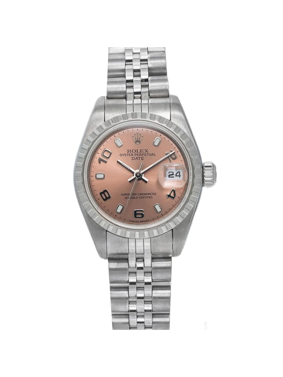 Pre-Owned Rolex Date 26MM 79240 Everose Arabic Dial Engine Turned Bezel Stainless Steel Jubilee Bracelet