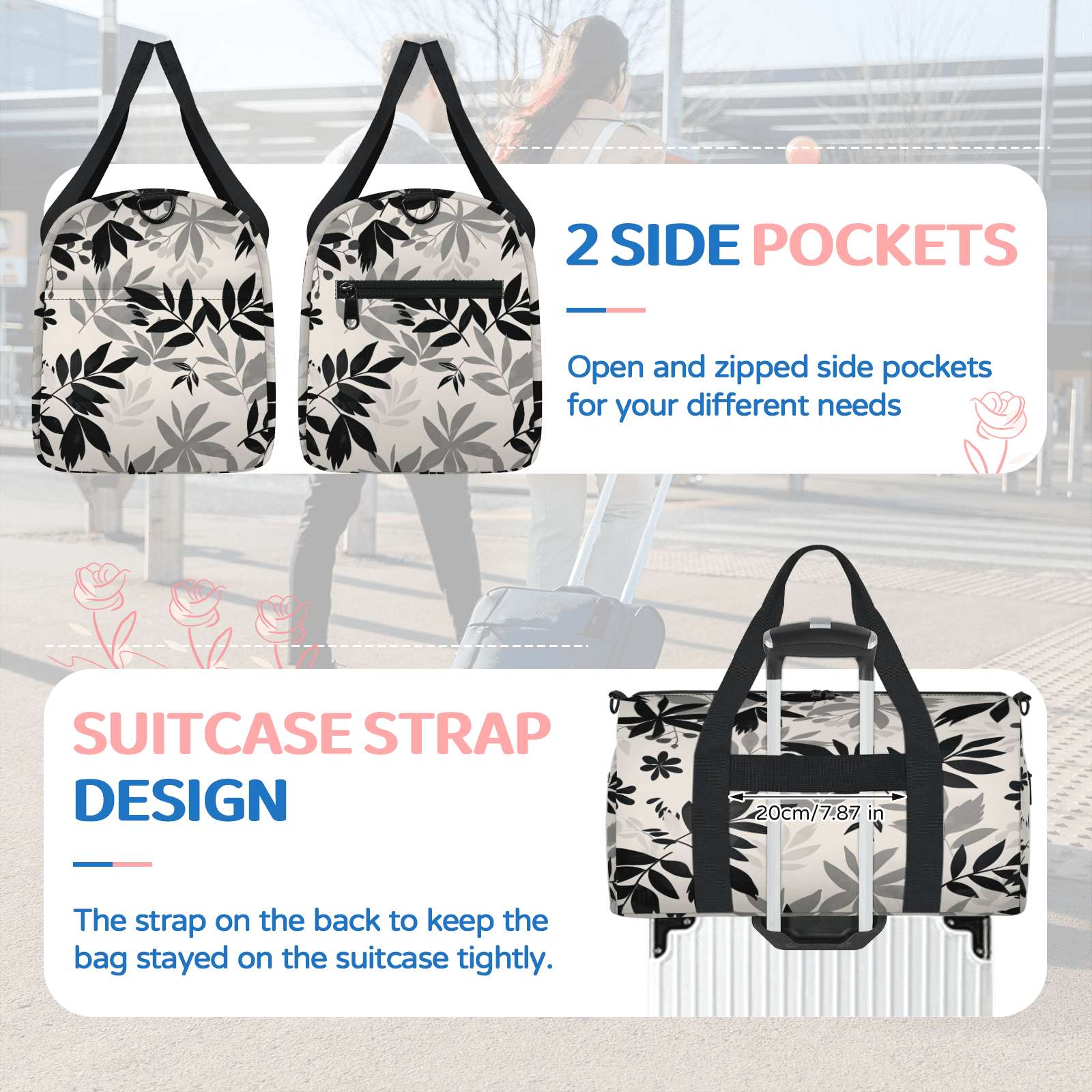 Herdesigns Leaves Gym Bag for Women, Duffle Bag for Travel Sport, Plant Leaves Lightweight Waterproof Carry on Weekender Dance Yoga Workout Bags