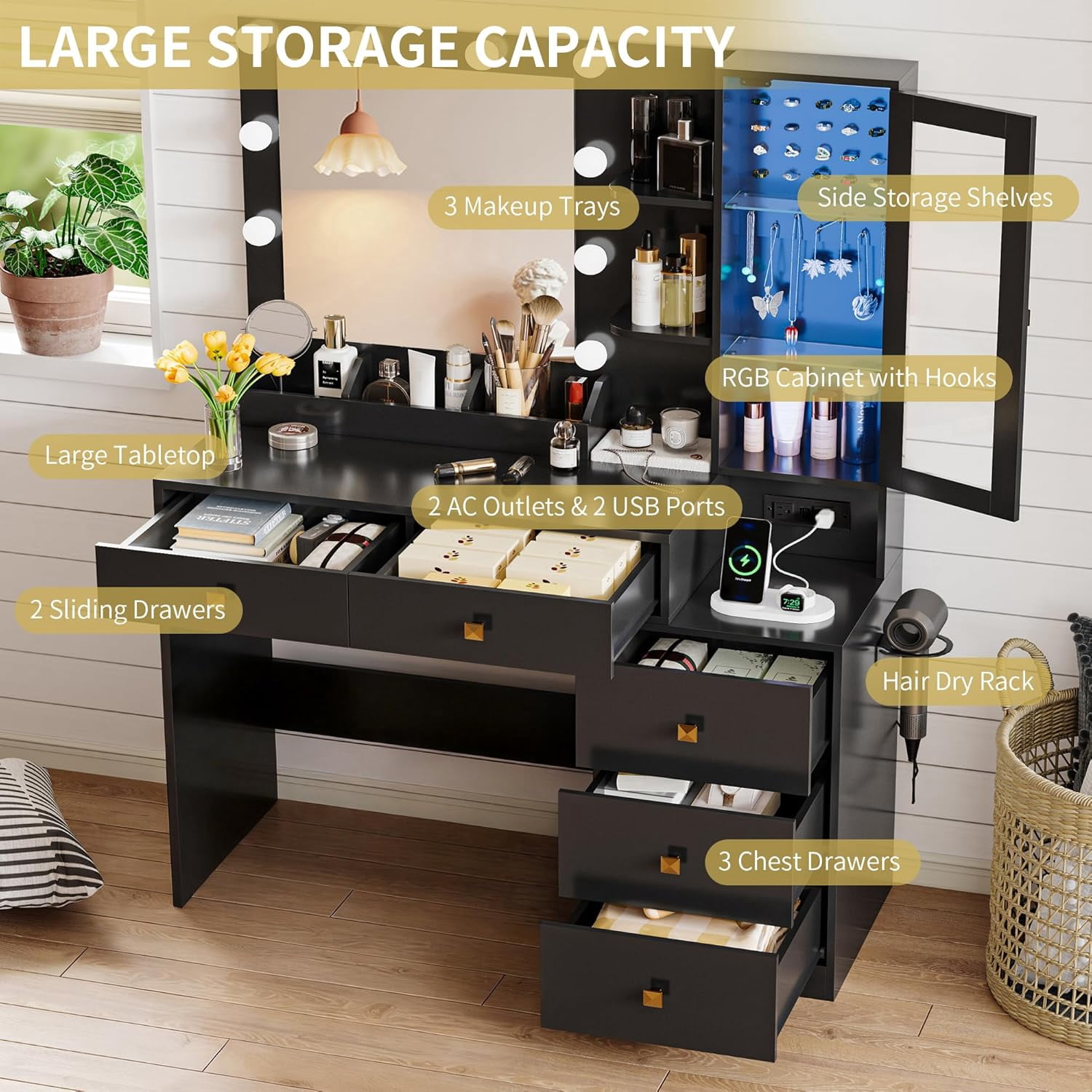 FANRAL Vanity Desk with RGB Ambient Light,LED Mirror & Charging Station,Small Dressing Table with Glass Cabinet & Ample Storage for Bedroom Grooming,Black Vanity