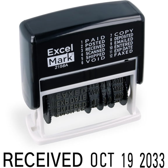 ExcelMark 12 Phrase Self-Inking Date Stamp - Black Ink