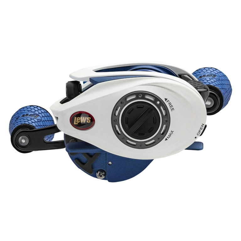 Lew's Custom Inshore SLP Baitcast Fishing Reel, 7.5:1 Gear Ratio, Right-Hand Retrieve, White/Blue Lew's Custom Inshore SLP Baitcast Fishing Reel, 7.5:1 Gear Ratio, Right-Hand Retrieve, White/Blue
