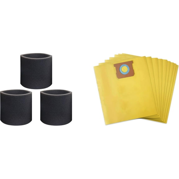 9 Pack 10-14 Gallon High Efficiency Collection Bag,90672, Type I and 3-Pack Foam Filter Sleeve for Shop Vac 90585 ,Fits Shop-Vac 10-14 Gallon Wet/Dry Vacuum Cleaners(9 Dust Bags 3 Foam Filters)