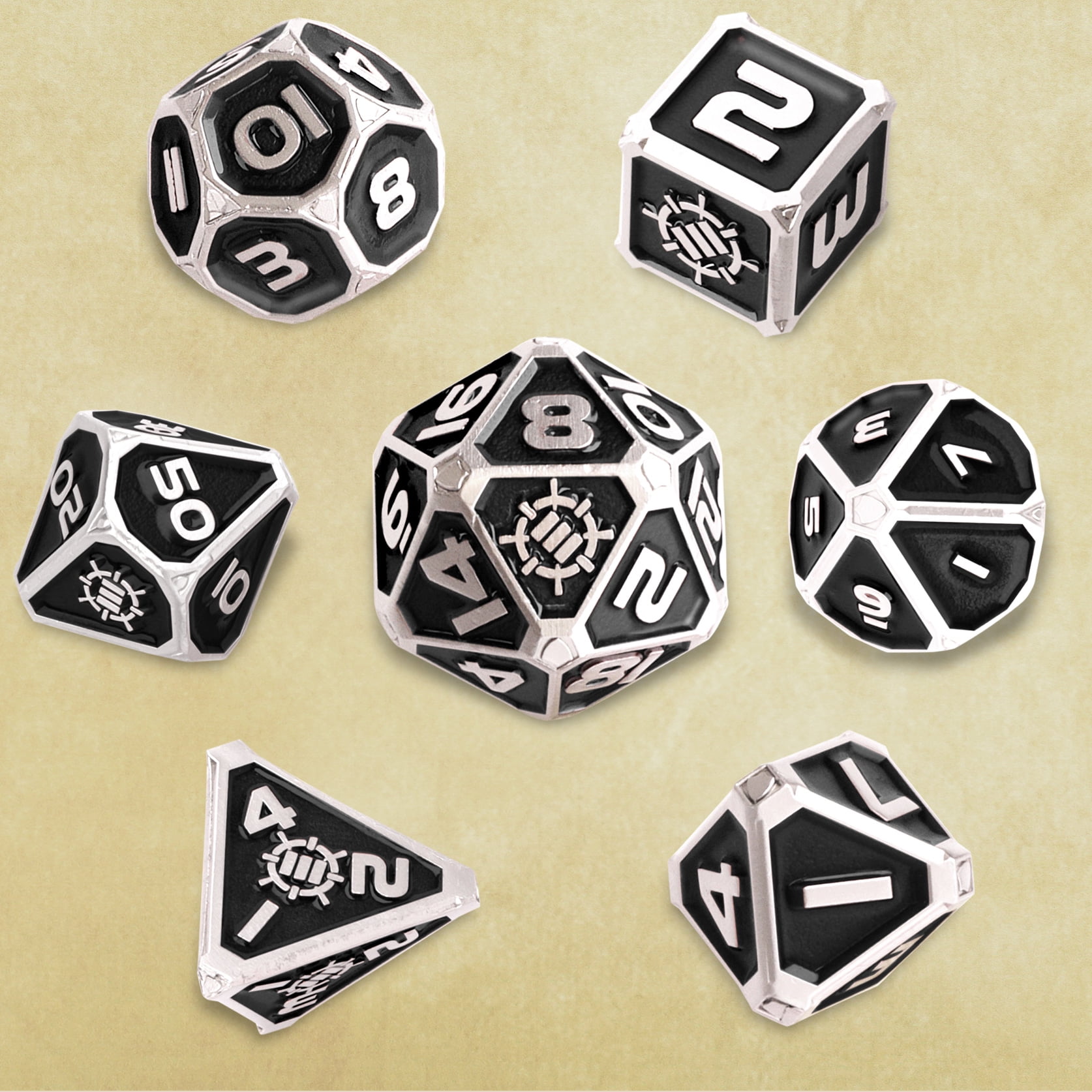 7-Set Enhance: Enamel Dice Set with Drawstring Pouch Black