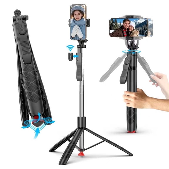 ‌SelfieShow Automatic Tripod, 70'' Selfie Stick Tripod with 360Rotation and Remote Control, Compatible with iPhone/Android (Black)