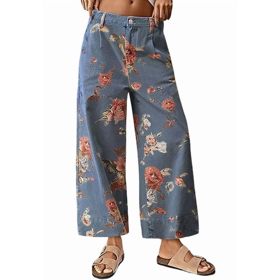 sicmoss Women's Blue Floral Print Mid Rise Cropped Wide Leg Jeans Boho Baggy with Pockets