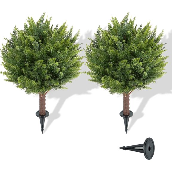 Artificial Cedar Shrub Ball TreesTwo 15.8inch with Ground Spikes, can be Planted in The Ground and in pots, Outdoor Artificial Plants Resistant to UV Rays